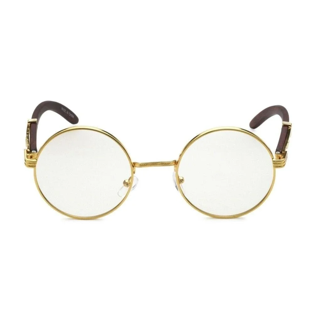 Round Clear Lens Gold Glasses Wood Buffs Stylish Fashion Eyeglasses UV400 Street